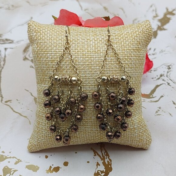 Gold Tone Chain Dangle Drop Chandelier Earrings Beaded Crystal Accents 2.5" - Picture 2 of 5
